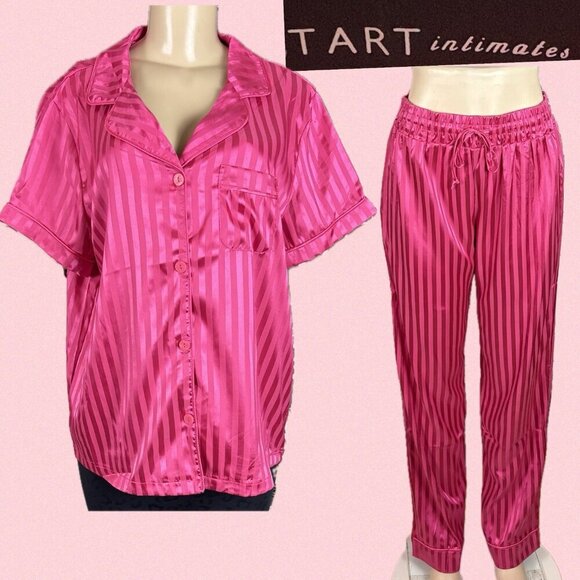 Tart L Satin Pink Faint Striped Button Short Sleeve Top/Satin Pants Pajama Set - Picture 1 of 9